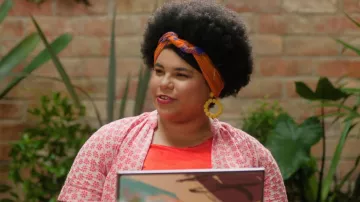 Fan Flare Raffia Hoop Earrings worn by Madison Feliciano (Ebony Vagulans) as seen in My Life Is Murder (S05E01)