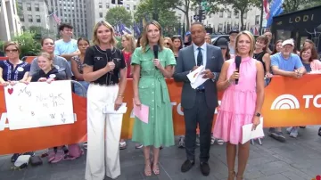 Gianvito Rossi 85 Metallic Leather Sandals worn by Savannah Guthrie as seen in Today on August 6, 2025