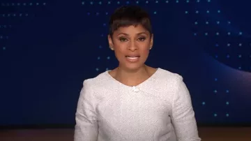 El vestido Fold London Eaton usado por Jericka Duncan como se ve en CBS Evening News el 4 de agosto de 2025