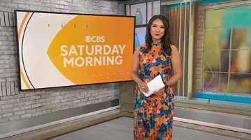 Robe plissée ceinturée à imprimé abstrait Tahari ASL portée par Nancy Chen, comme on le voit dans CBS Mornings le 27 juillet 2025