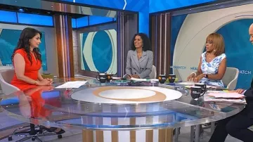 Vestido midi con detalle de costura de sastrería de viaje Me + Em usado por Celine Gounder como se ve en CBS Mornings el 6 de agosto de 2025
