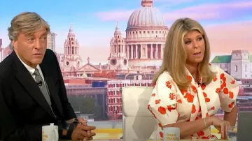 L.K.Bennett Flora Ivory & Orange Block Floral Sateen Blouse worn by Kate Garraway as seen in Good Morning Britain on July 16, 2025