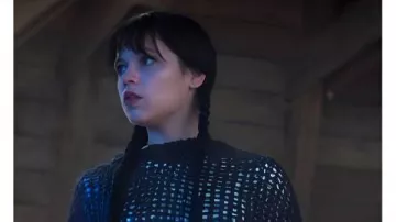 Jenna Ortega Black Open Knit Sweater worn by Wednesday Addams / Goody Addams (Jenna Ortega) in Wednesday (S02E08)