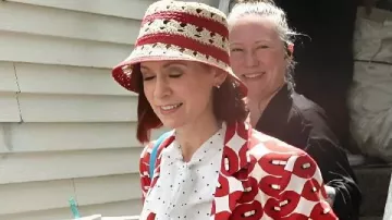 Elsbeth S3 Carrie Preston Red Lips Printed Blazer of Elsbeth Tascioni (Carrie Preston) in Elsbeth (S03E02)