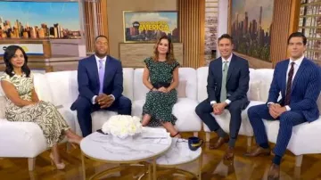 Club Monaco Drape Flutter Sleeve Printed Maxi Dress worn by Rebecca Jarvis as seen in Good Morning America on August 15, 2025