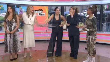 Maeve Sleeveless V-Neck Flare Denim Jumpsuit worn by Donna Farizan as seen in Today with Jenna & Friends on August 18, 2025