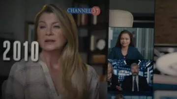 A New Day Blusa transparente de manga larga beige usada por Kristine Barnett (Ellen Pompeo) como se ve en Good American Family (S01E07)
