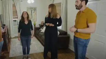 ALC Texturizado Cuello de Tortuga Ajustado Punto Acanalado Hombro Recortado Top usado por Tyra Banks como se ve en Celebrity IOU (S10E06)