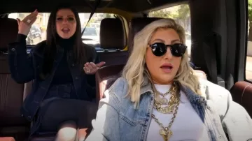 Loewe Anagram Leather Trimmed Denim Miniskirt worn by Heather Dubrow as seen in The Real Housewives of Orange County (S19E07)