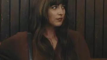 Dakota Johnson Brown Cardigan of Julie (Dakota Johnson) in Splitsville || Splitsville 2025 Dakota Johnson Brown Cardigan