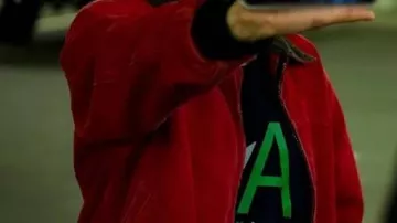 Red Bomber Jacket worn by Daisy Moriarty (Lili Reinhart) in Film American Sweatshop 2025