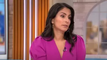 Me + Em Crepe Midi Dress in Iris worn by Celine Gounder as seen in CBS Mornings on August 26, 2025