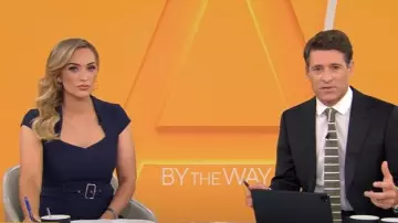 Karen Millen Cap Sleeve Scuba Crepe Belted Midi Pencil Dress worn by Kelly O'Grady as seen in CBS Mornings on August 26, 2025