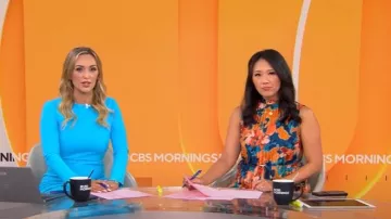Tahari ASL Abstract Print Pleated Belted Dress worn by Nancy Chen as seen in CBS Mornings on August 27, 2025
