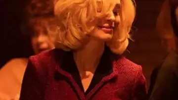 Anne Hathaway Eileen 2023 Red Corduroy Blazer worn by Rebecca (Anne Hathaway) as seen in Eileen