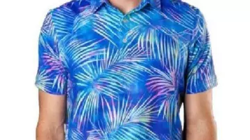 Blue Leaf Print Polo Shirt worn by Adam Sandler in Good Morning America 2025
