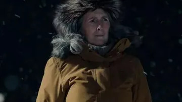 True Detective S04 Rose Aguineau Brown Fur Hooded Jacket worn by Rose Aguineau (Fiona Shaw) as seen in True Detective (S04)