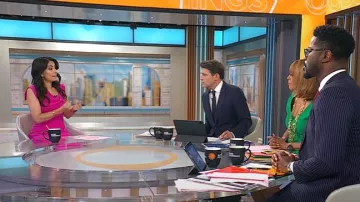 Black Halo Jackie O Sheath Dress in Vibrant Pink worn by Celine Gounder as seen in CBS Mornings on August 29, 2025