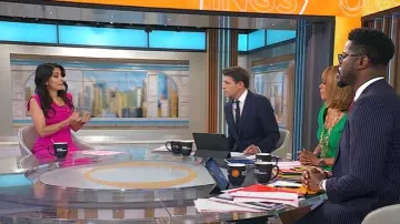 Black Halo Jackie O Sheath Dress in Vibrant Pink worn by Celine Gounder as seen in CBS Mornings on August 29, 2025