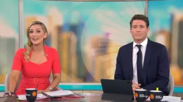 Karen Millen Half Sleeve Scuba Crepe Belted Midi Pencil Dress worn by Kelly O'Grady as seen in CBS Mornings on August 29, 2025