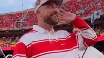 Red Striped Rugby Polo Shirt worn by Travis Kelce in Taylor Swift and Travis Kelce Celebrate ENGAGEMENT at Football Game!