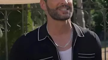 The Thursday Murder Club 2025 Tom Ellis Knitted Shirt worn by Jason (Tom Ellis) in The Thursday Murder Club