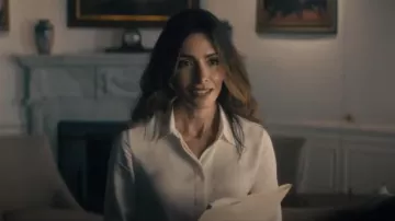 Theory Classic Fitted Silk Shirt worn by Dr. Gabriela Torabi (Sarah Shahi) as seen in Paradise (S01E03)