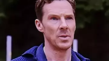 The Roses Blue Crochet Coat worn by Theo (Benedict Cumberbatch) as seen in The Roses