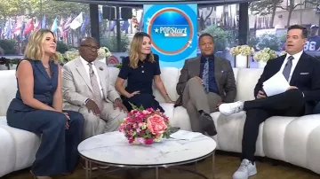 Veronica Beard Rimini Wide-Leg Pinstripe Pant worn by Jenna Bush Hager as seen in Today on September 2, 2025