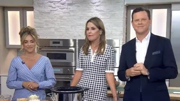 Vestido camisero asimétrico a rayas de Ann Taylor usado por Dina Deleasa Gonsar como se ve en Today with Jenna & Friends el 3 de septiembre de 2025