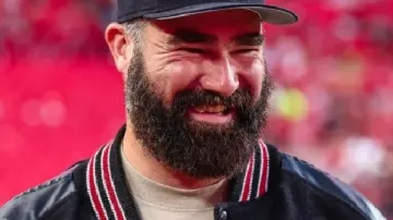 Cincinnati vs Nebraska Game Jason Kelce Varsity Jacket in Travis and Jason Kelce at Arrowhead for Cincinnati vs. Nebraska ????