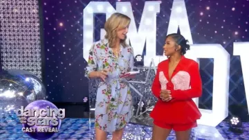 Markarian Mira Red Crepe Shorts worn by Jordan Chiles as seen in Good Morning America on September 3, 2025