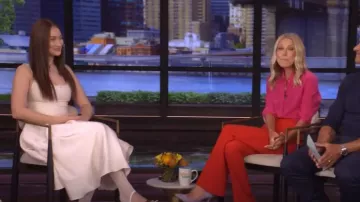 Azazie Olivia Cream Pleated Midi Dress worn by Lola Tung as seen in LIVE with Kelly and Mark on September 3, 2025