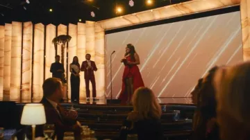 Carolina Herrera Strapless Tiered Ruffle High-Low Silk Gown worn by Quinta Brunson as seen in The Studio (S01E08)