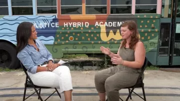 Quince Distressed Denim Shirt worn by Laura Jarrett as seen in Today on September 4, 2025