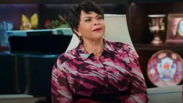 Calvin Klein Plus Size Long Sleeve Tie Front Notch Collar Printed Chiffon Top worn by Cora (Tamela Mann) as seen in Tyler Perry's Assisted Living (S05E06)