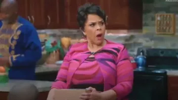 Danny & Nicole Multicolor Tiger Stripe Jacket Dress Set worn by Cora (Tamela Mann) as seen in Tyler Perry's Assisted Living (S05E22)