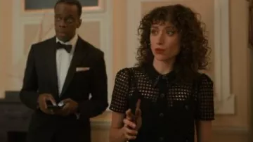 Self Portrait Black Grid Lace Shirt worn by Nora Koriem (Rosaline Elbay) as seen in The Diplomat (S02E06)