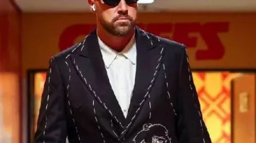 Travis Kelce 2025 Chiefs Star Custom Suit of Travis Kelce in Newly engaged Travis Kelce rocks custom suit to Chiefs season opener in Brazil
