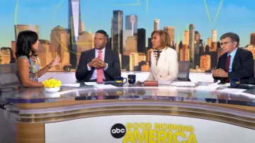 Saunders x RTR Floral Mesh Midi Dress worn by Tara Narula as seen in Good Morning America on September 9, 2025