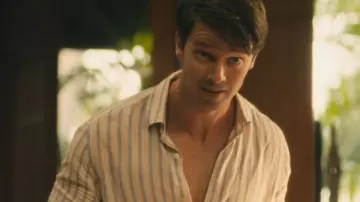 The White Lotus S03 Patrick Schwarzenegger Striped Shirt worn by Saxon Ratliff (Patrick Schwarzenegger) as seen in The White Lotus (S03)