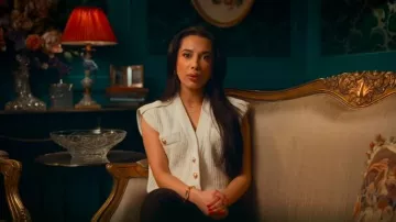 Karen Millen Chenille Knitted Crooped Tabard worn by Hatsah as seen in The Inheritance (S01E04)