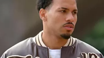 Celebs Go Dating Brown & White Varsity Jacket worn by (Louis Russell) as seen in Celebs Go Dating (S13E13)