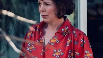 The Roses Olivia Colman Red Satin Shirt worn by Ivy (Olivia Colman) in The Roses