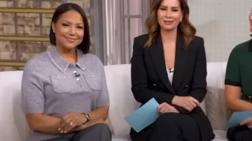 Maje Mylenva Rhinestone Trim Polo Sweater worn by Stephanie Ramos as seen in Good Morning America on September 11, 2025