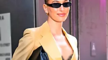 The Rhode x Sephora launch NYC Beige Leather Blazer worn by Hailey Baldwin in celebrating our pocket-sized pop-up launch! | rhode skin