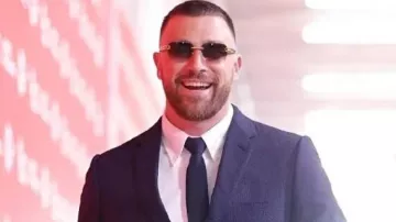 Chiefs vs Eagles Navy Blue Blazer worn by Travis Kelce in Travis Kelce CALLS OFF WEDDING with Taylor Swift after loss - Post Game Interview - Eagles vs Chiefs