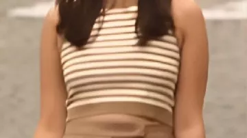 Top corto de rayas marrones usado por Lola Tung en El verano Me volví bonita