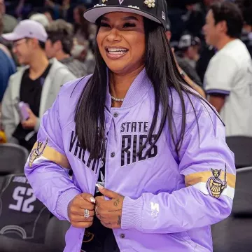 Golden State Valkyries Jordan Chiles Varsity Jacket worn by (Jordan Chiles) in hertunnel