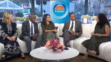 LK Bennett Laurie Pleated Faux Leather Midi Skirt worn by Laura Jarrett as seen in Today on September 17, 2025